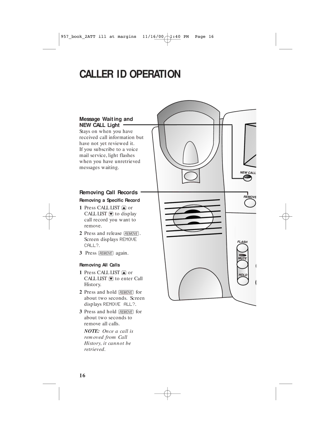 AT&T 957 user manual Caller ID Operation, Message Waiting NEW Call Light, Removing Call Records, Call? 