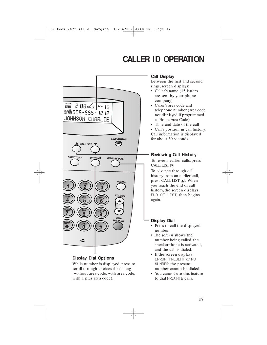 AT&T 957 user manual Display Dial Options, Call Display, Reviewing Call History 