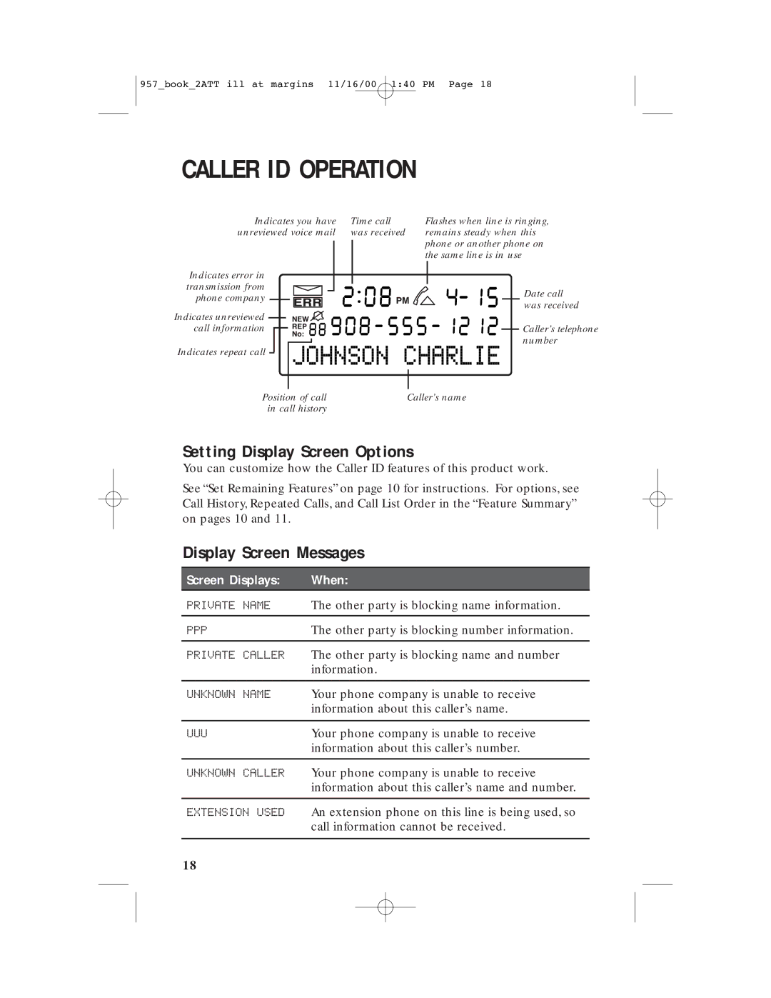 AT&T 957 user manual Setting Display Screen Options, Display Screen Messages 