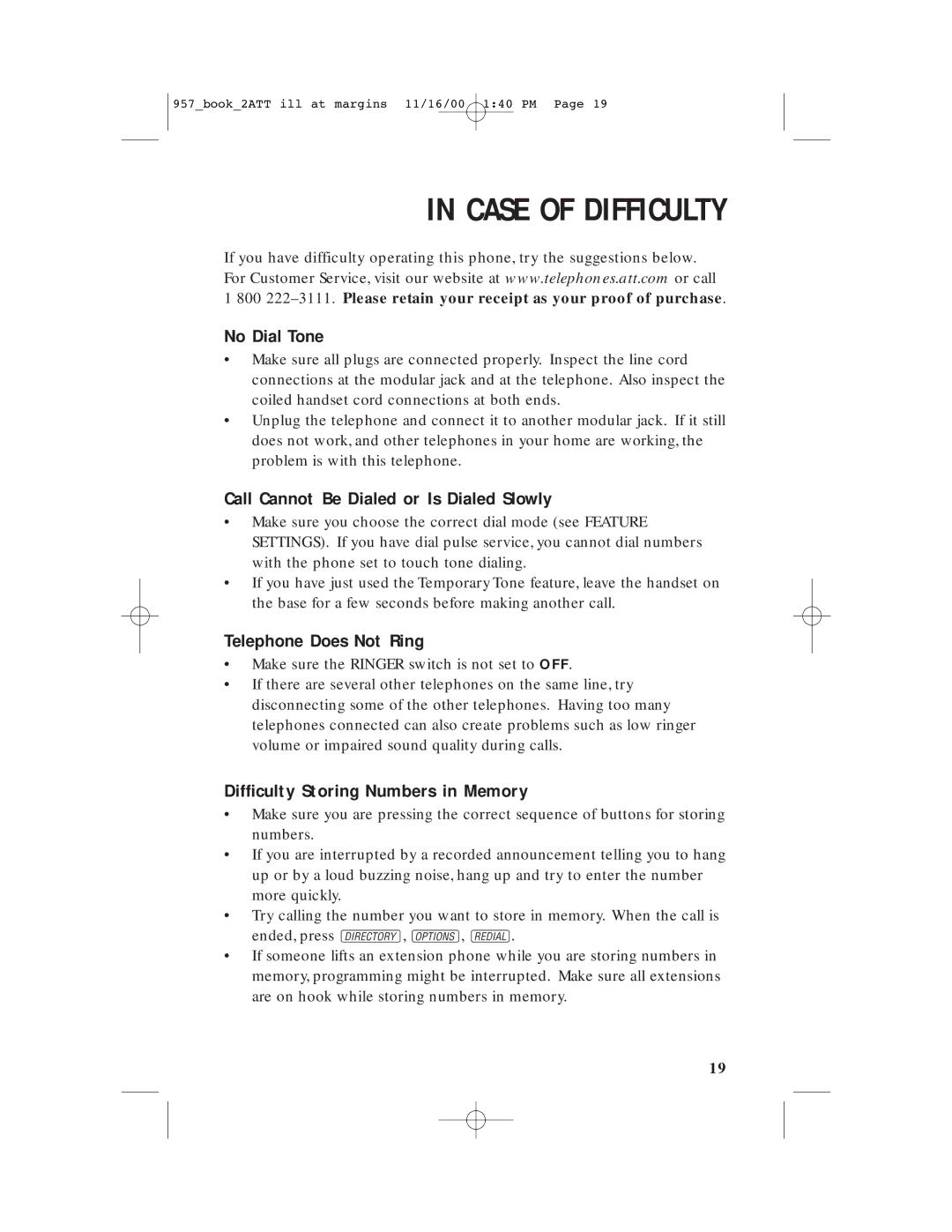 AT&T 957 user manual Case of Difficulty, No Dial Tone 