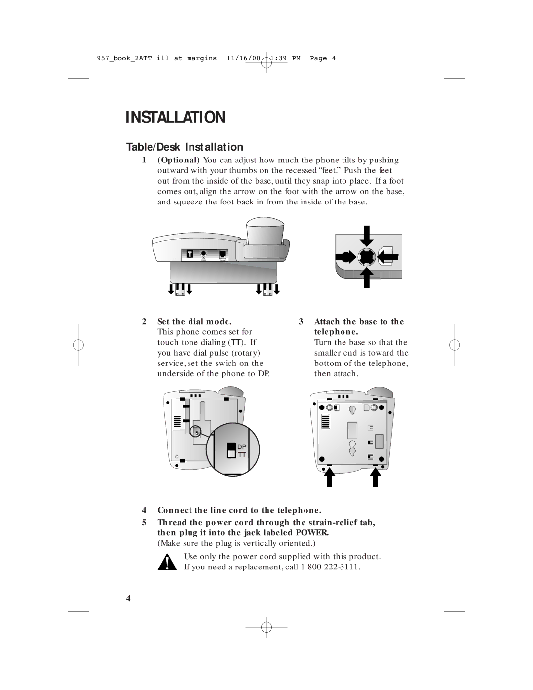 AT&T 957 user manual Table/Desk Installation, Set the dial mode, Attach the base to the telephone 