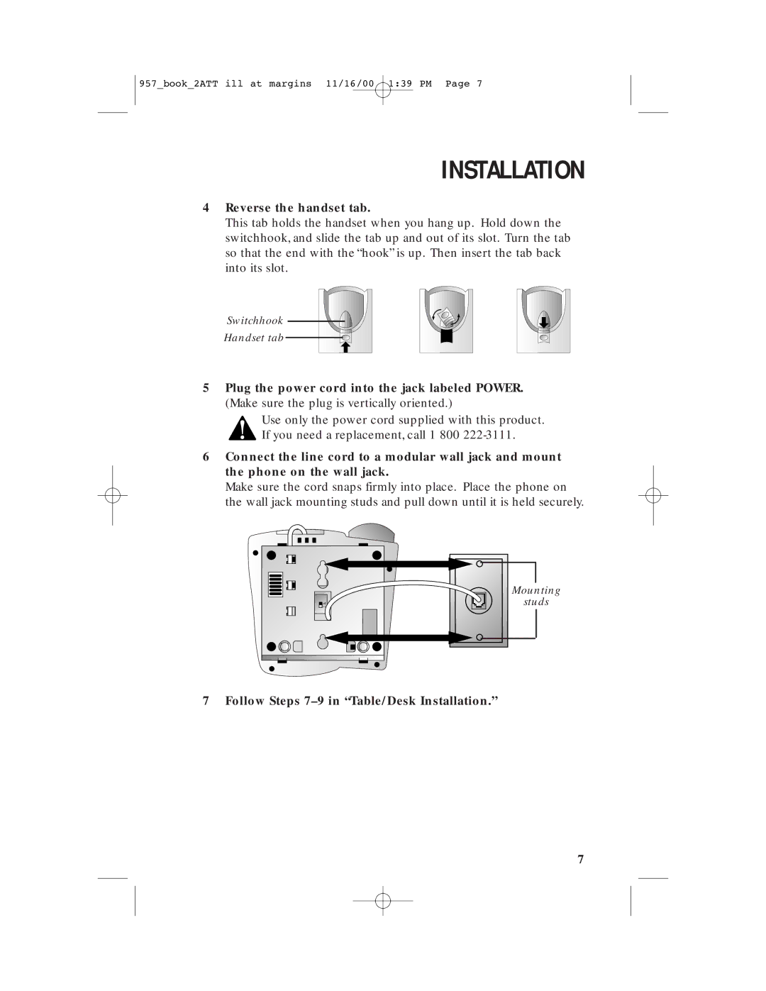 AT&T 957 user manual Reverse the handset tab, Follow Steps 7-9 in Table/Desk Installation 