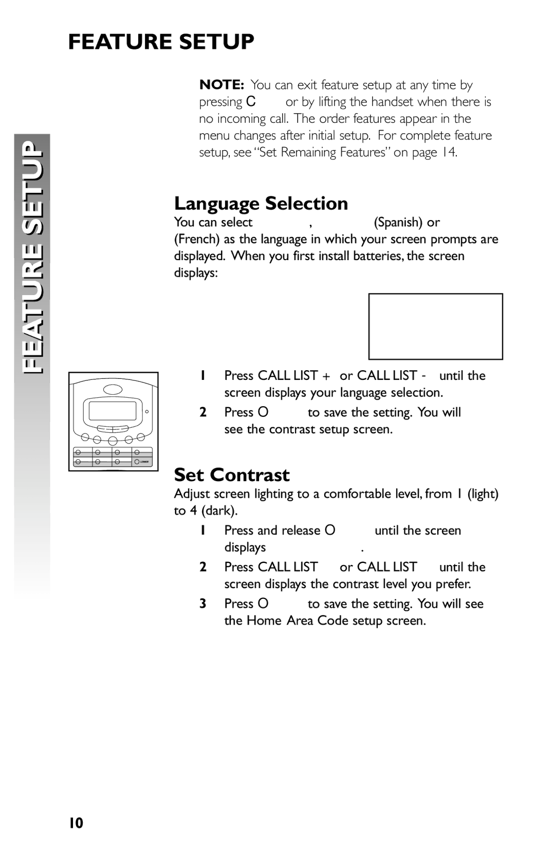 AT&T 959 user manual Feature Setup, Language Selection, Set Contrast 