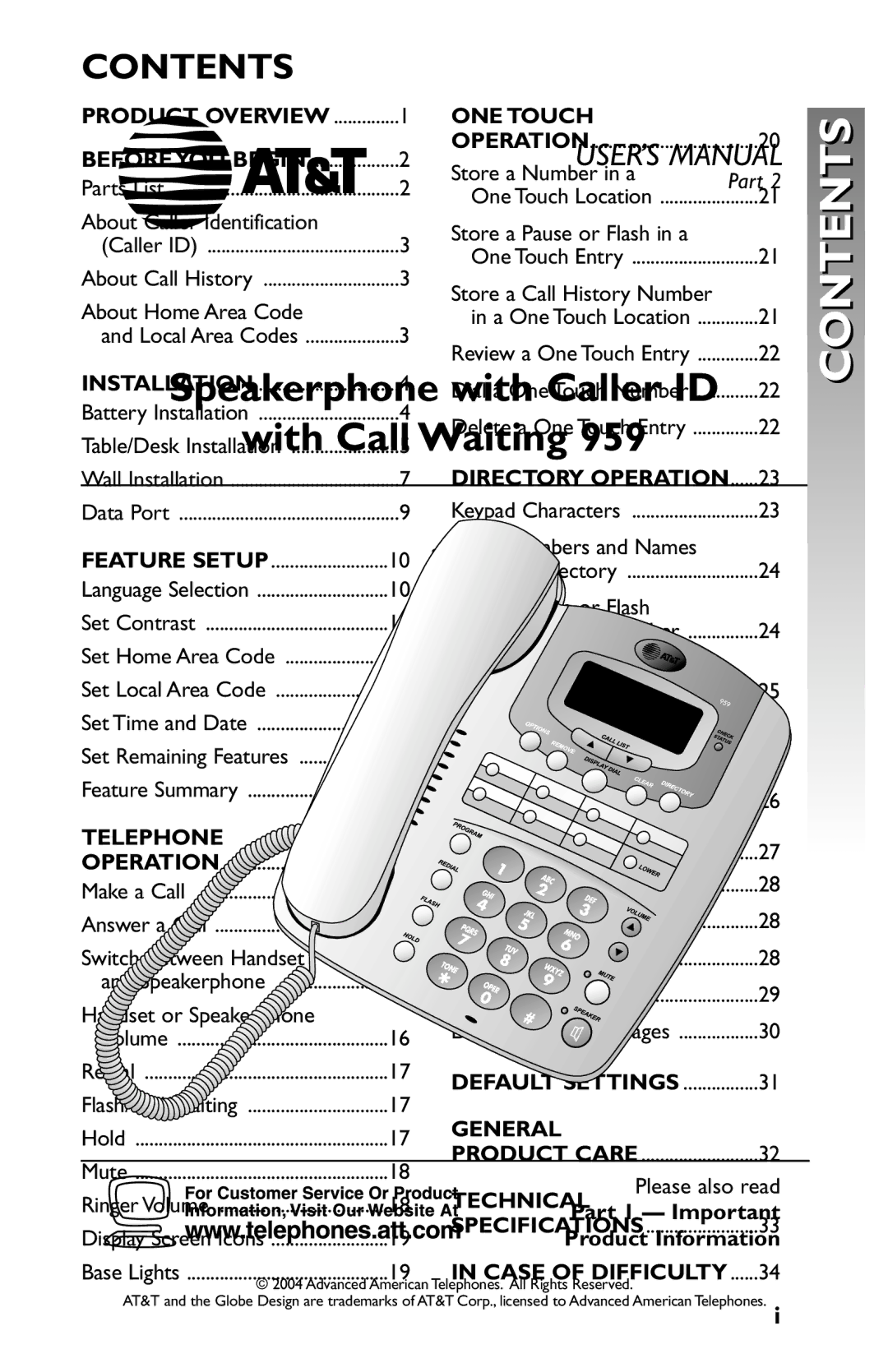 AT&T 959 user manual Contents 