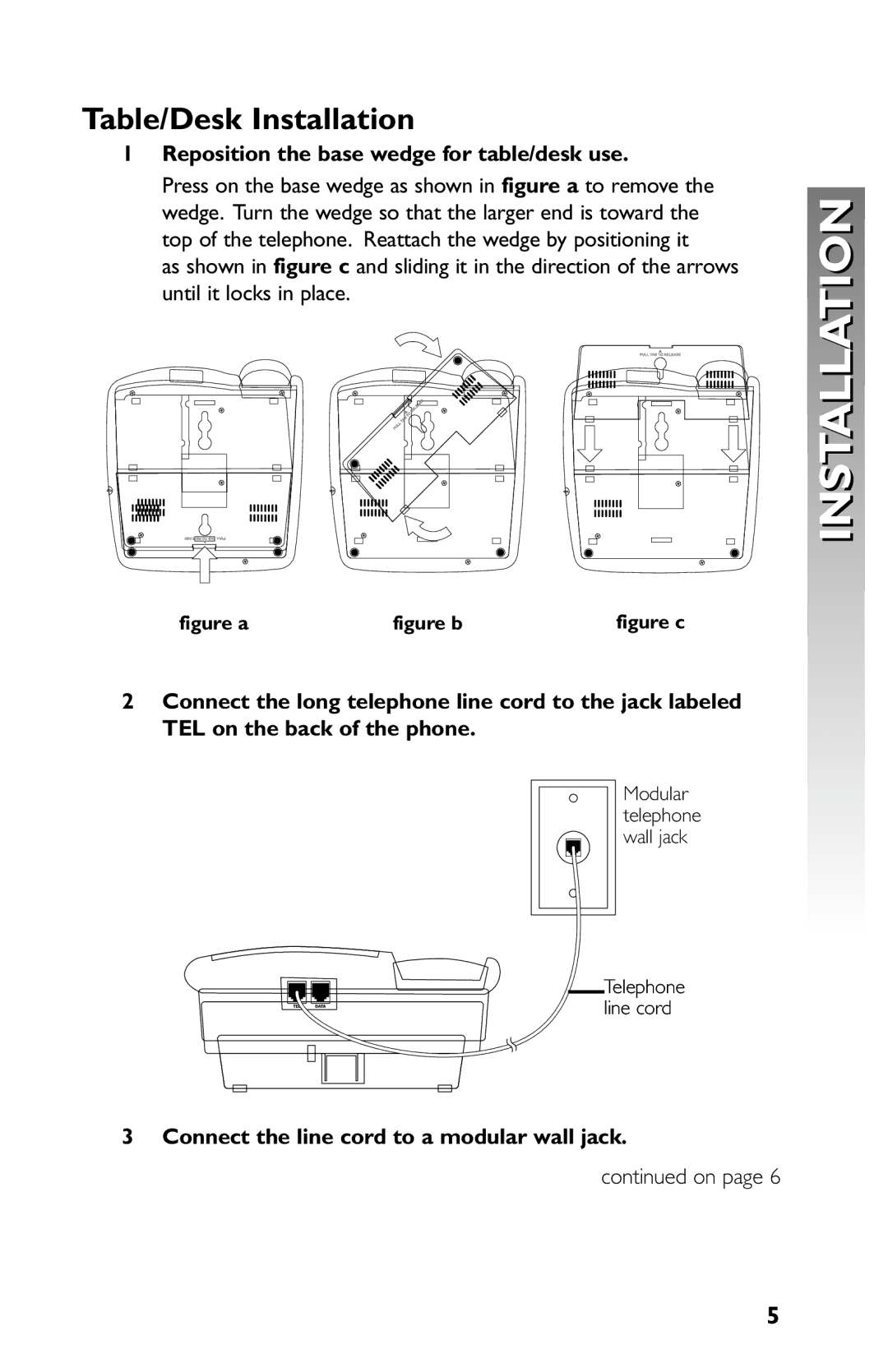 AT&T 959 user manual Table/Desk Installation, Reposition the base wedge for table/desk use 