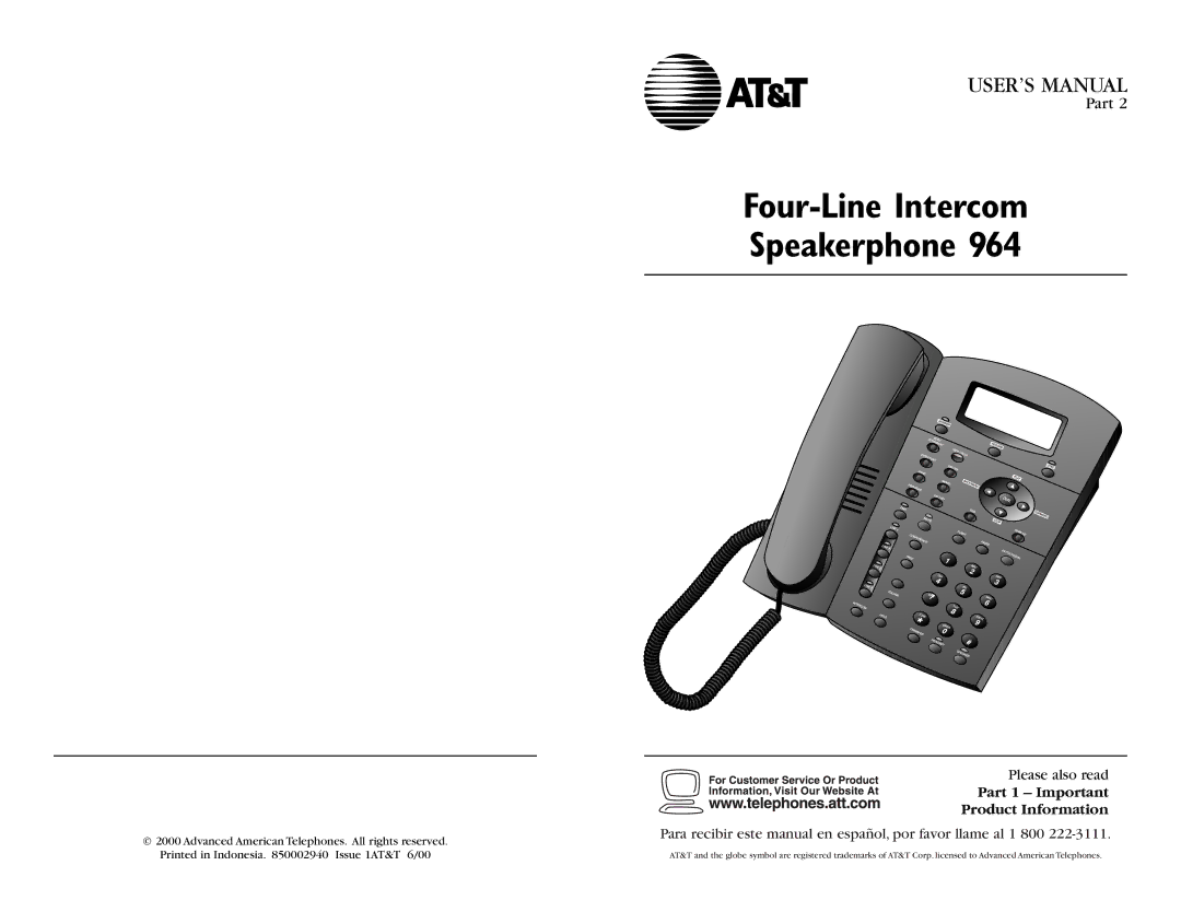 AT&T 964 user manual Four-Line Intercom Speakerphone, Part 1 Important Product Information 