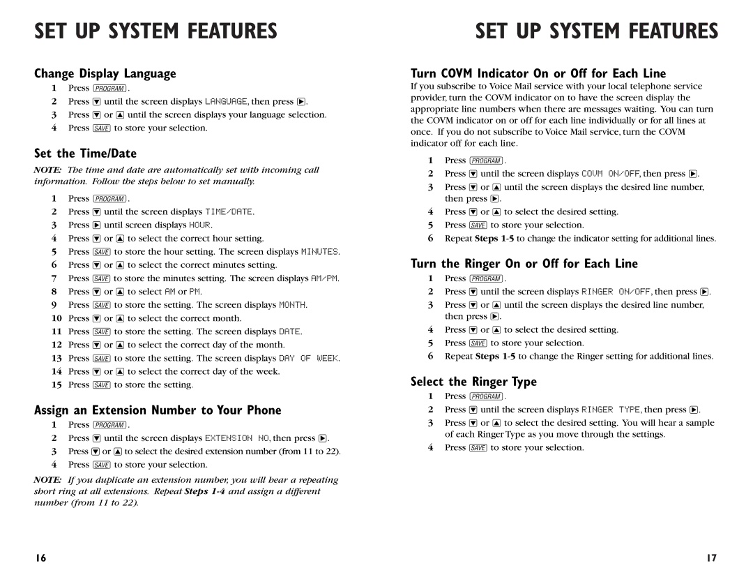 AT&T 964 user manual SET UP System Features 