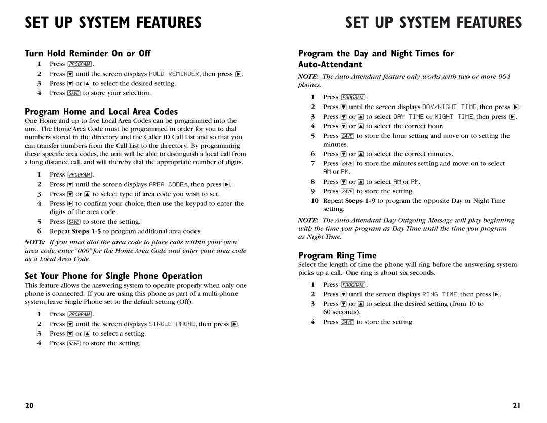 AT&T 964 Turn Hold Reminder On or Off, Program Home and Local Area Codes, Set Your Phone for Single Phone Operation 
