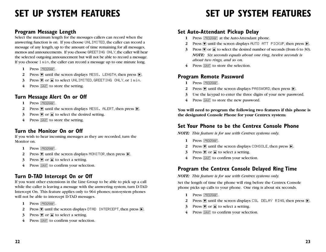 AT&T 964 Program Message Length, Turn Message Alert On or Off, Turn the Monitor On or Off, Turn D-TAD Intercept On or Off 