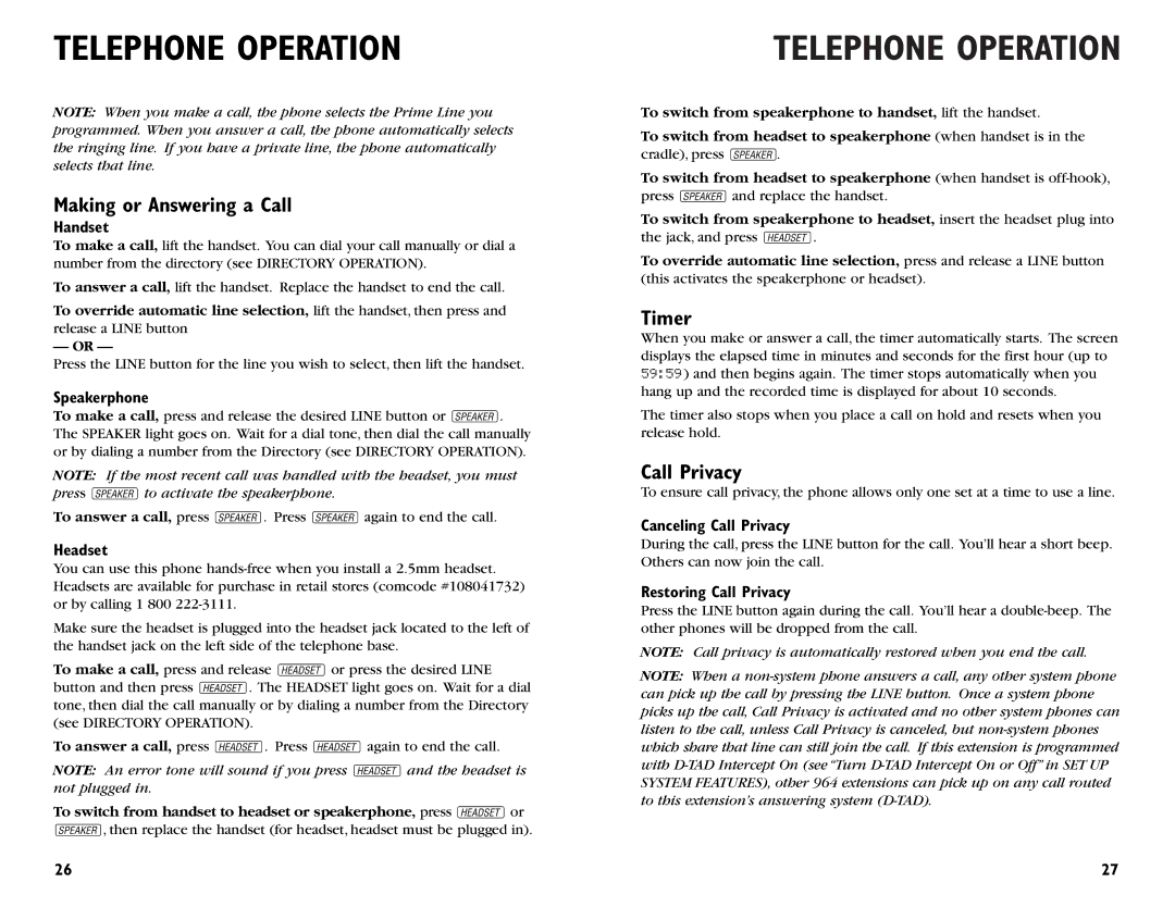 AT&T 964 user manual Telephone Operation, Making or Answering a Call, Timer, Call Privacy 