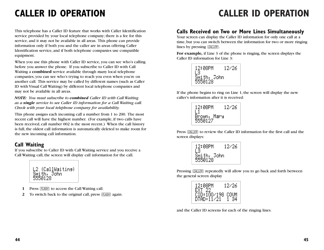 AT&T 964 user manual Caller ID Operation, Call Waiting 