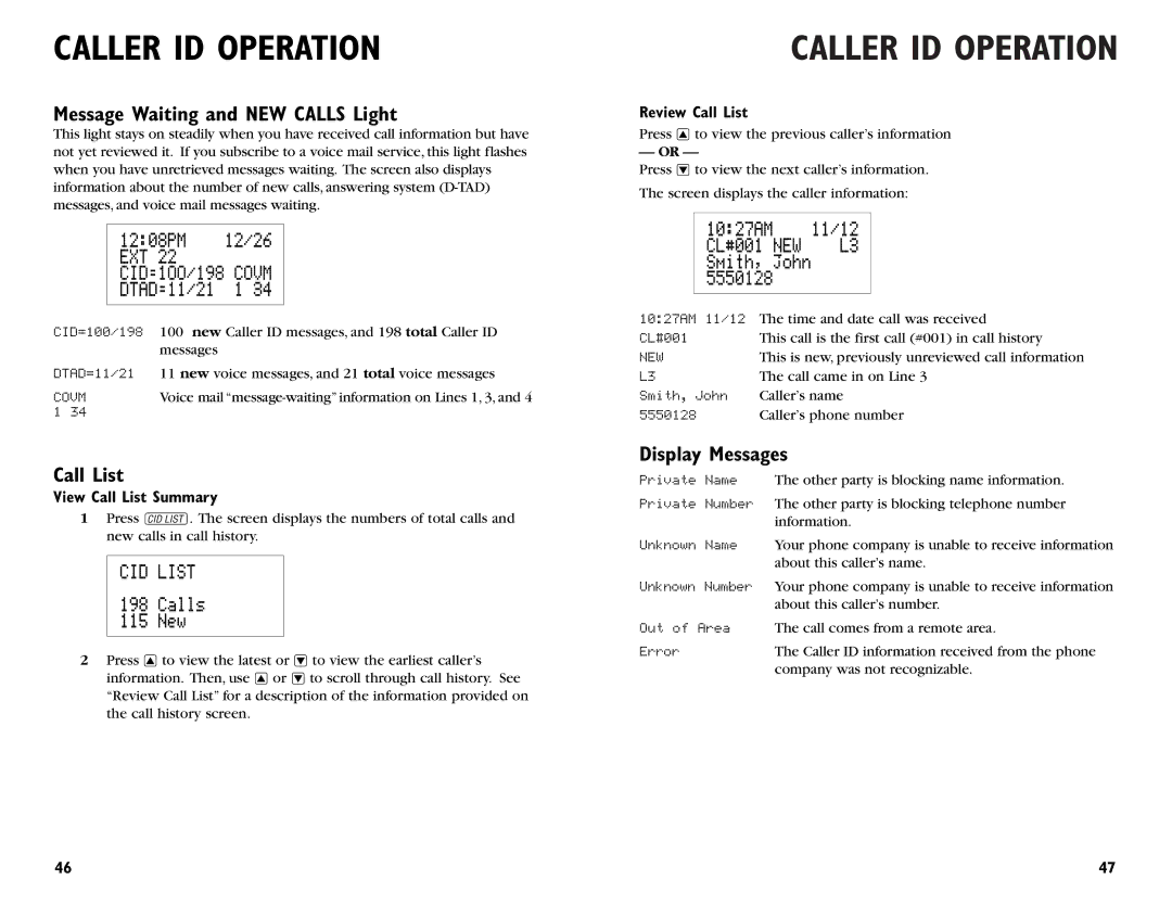 AT&T 964 user manual Message Waiting and NEW Calls Light, Display Messages, View Call List Summary, Review Call List 