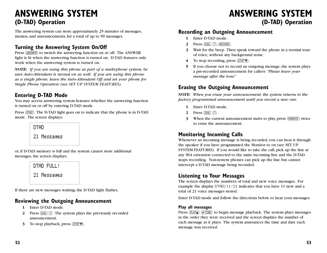 AT&T 964 user manual Answering System 