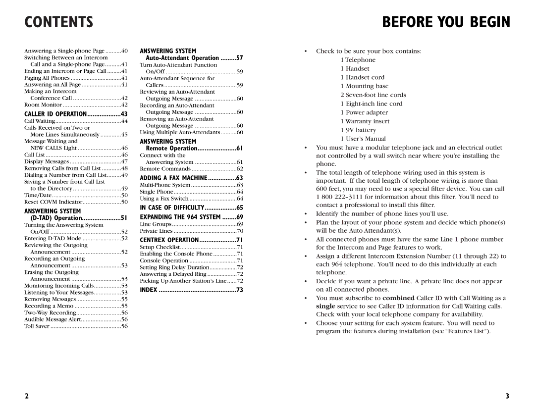 AT&T 964 user manual Contents, Before YOU Begin 