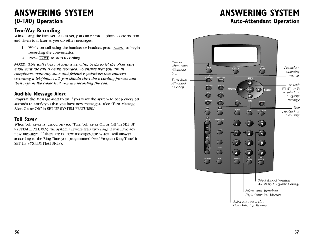 AT&T 964 user manual Two-Way Recording, Audible Message Alert, Toll Saver 