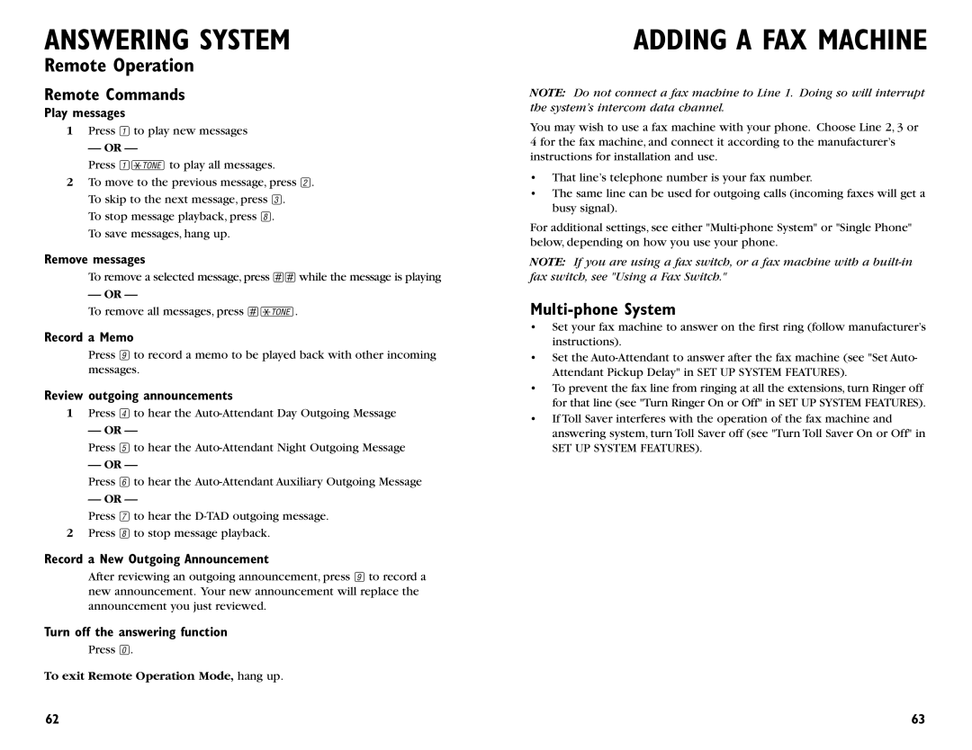 AT&T 964 user manual Adding a FAX Machine, Remote Commands, Multi-phone System 