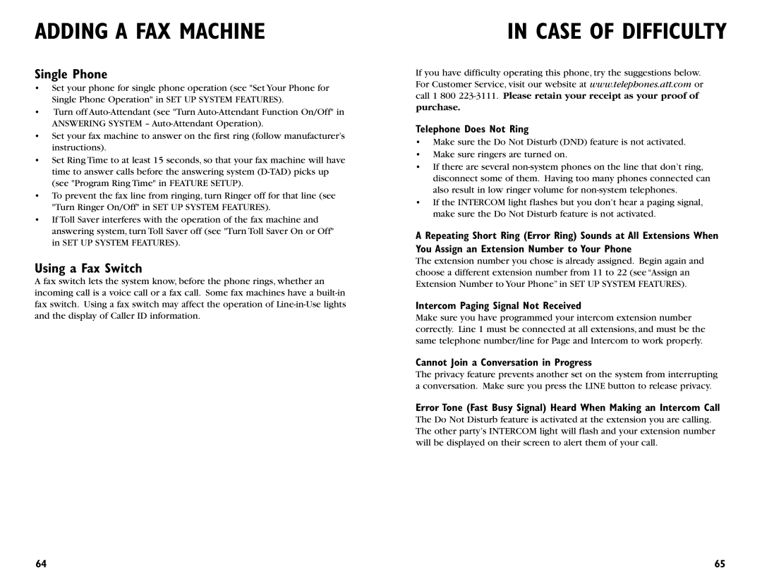 AT&T 964 user manual Case of Difficulty, Single Phone, Using a Fax Switch 