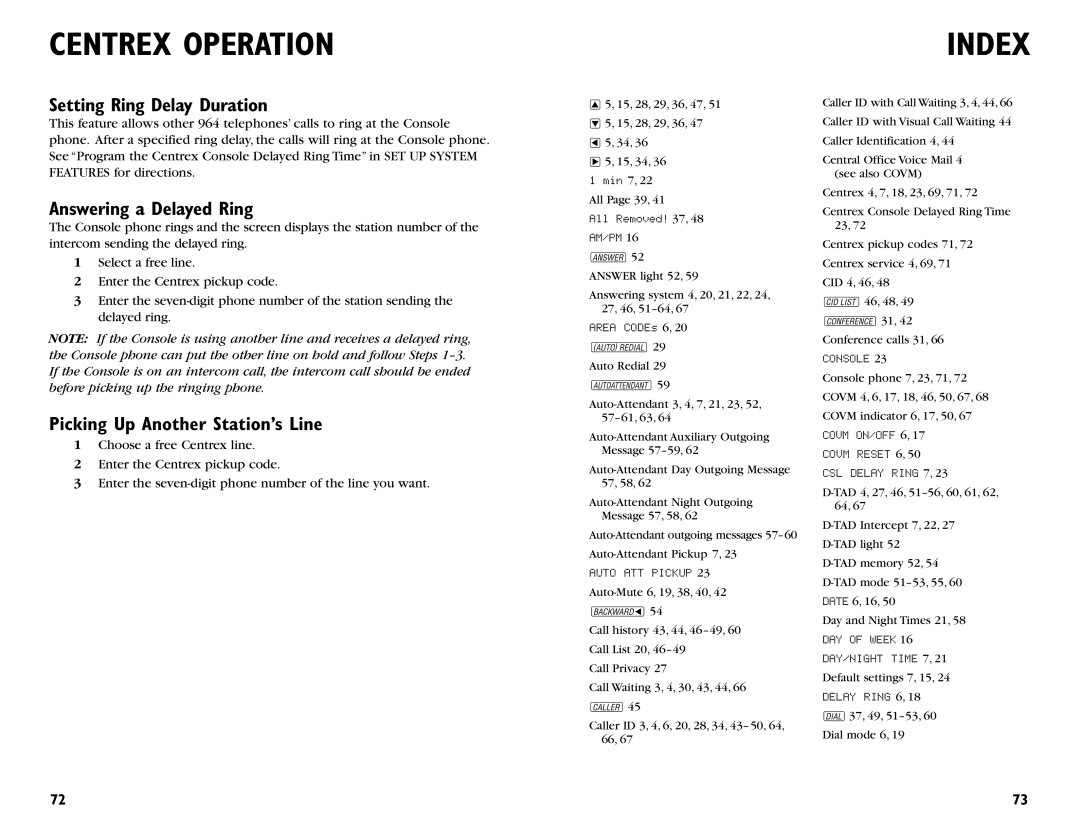 AT&T 964 user manual Index, Setting Ring Delay Duration, Answering a Delayed Ring, Picking Up Another Station’s Line 