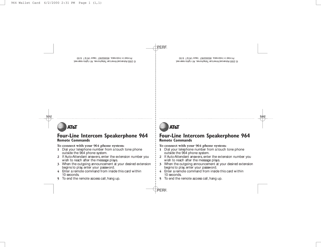 AT&T 964 user manual Four-Line Intercom Speakerphone, Wallet Card 6/2/2000 231 PM Page 1 1,1 