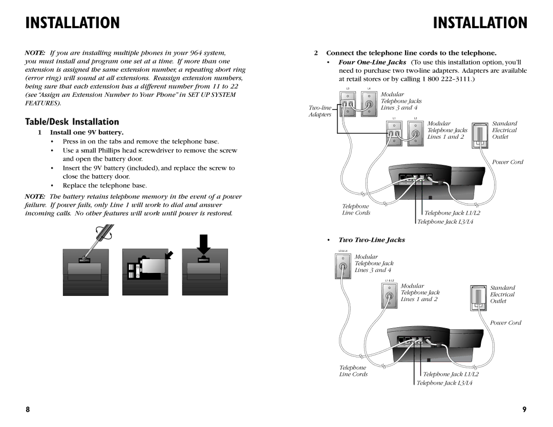 AT&T 964 user manual Table/Desk Installation, Connect the telephone line cords to the telephone, Install one 9V battery 