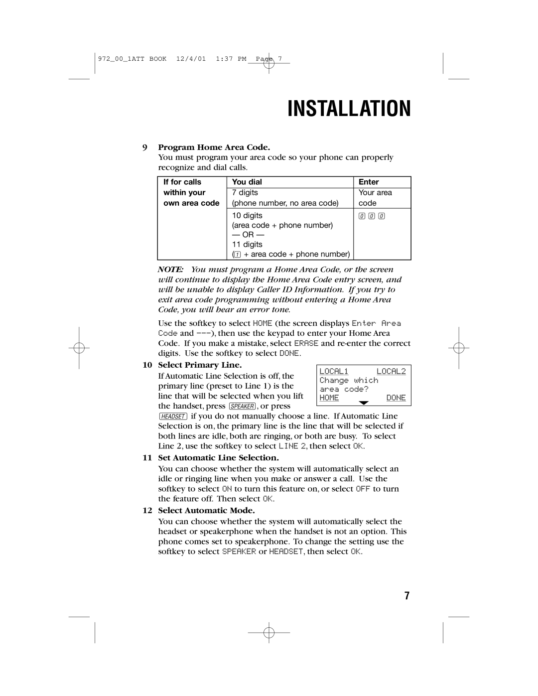 AT&T 972 user manual Program Home Area Code, Select Primary Line, Set Automatic Line Selection, Select Automatic Mode 