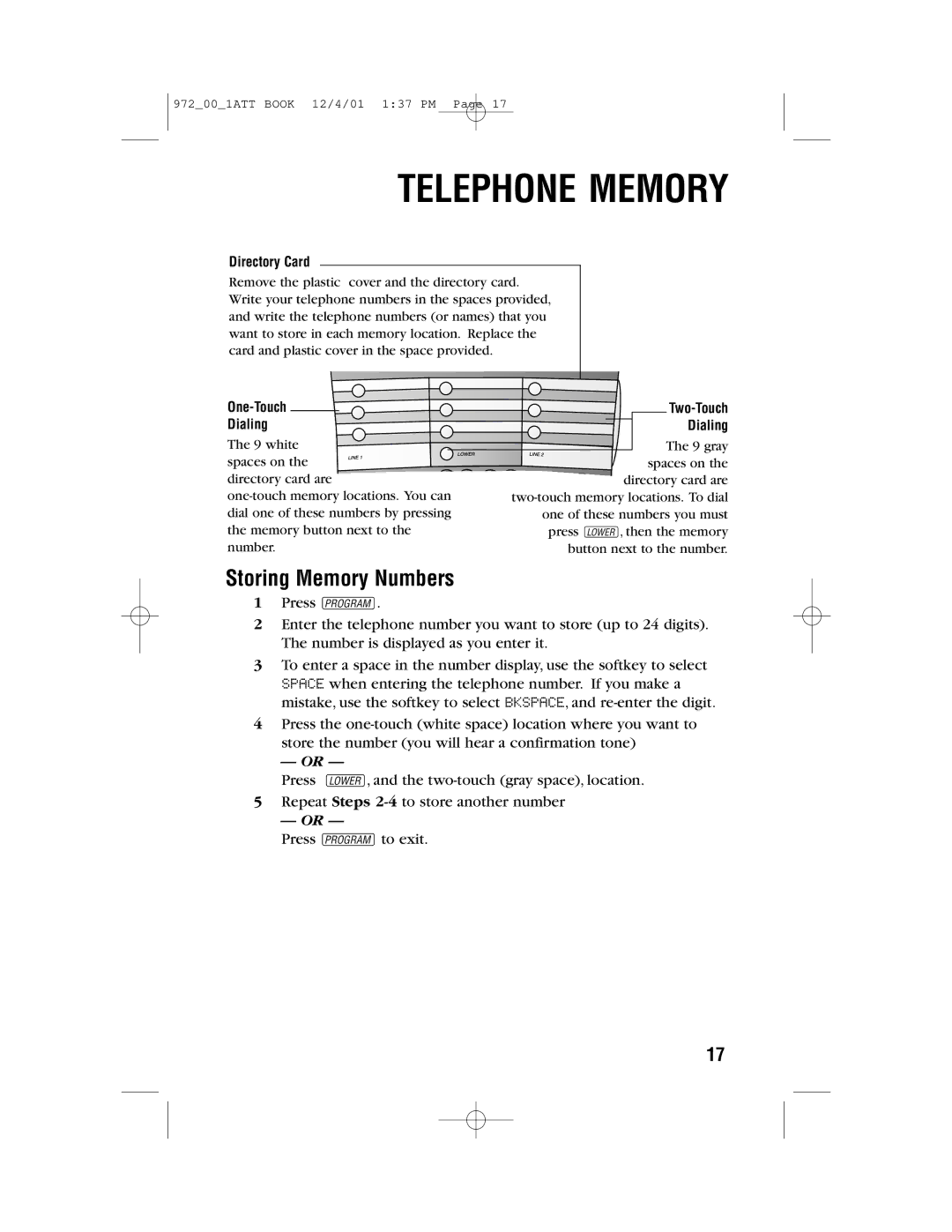 AT&T 972 user manual Telephone Memory, Storing Memory Numbers, Directory Card, One-Touch Dialing, Two-Touch Dialing 