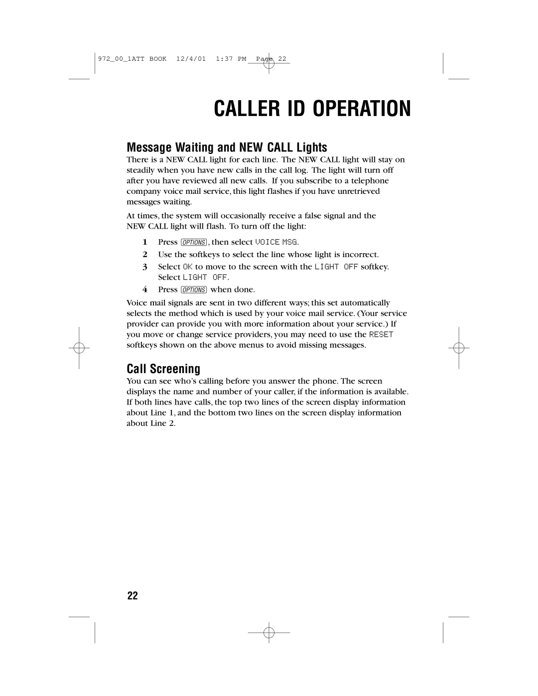 AT&T 972 user manual Message Waiting and NEW Call Lights, Call Screening 