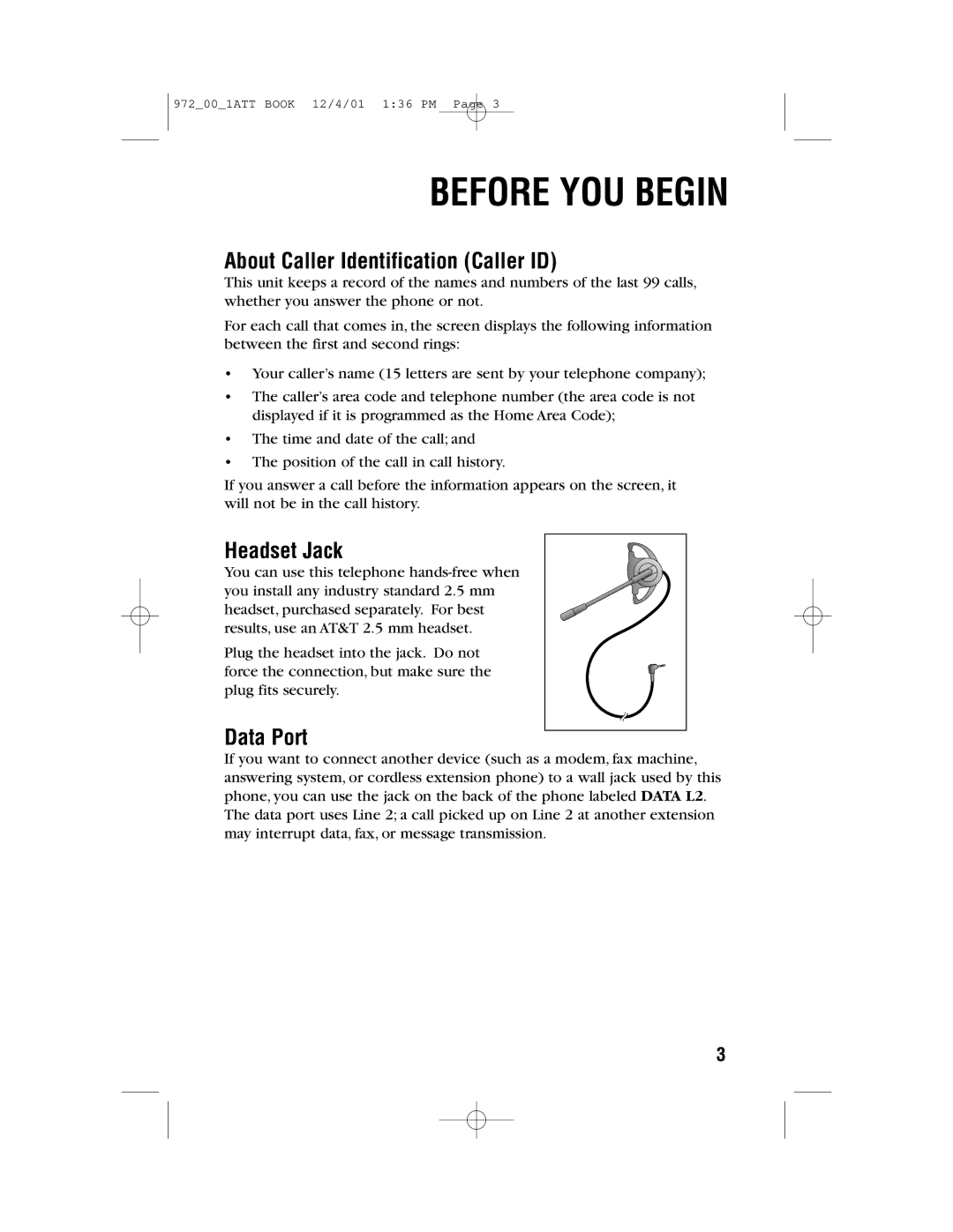 AT&T 972 user manual About Caller Identification Caller ID, Headset Jack, Data Port 