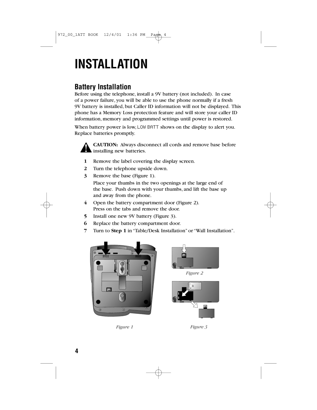 AT&T 972 user manual Battery Installation 