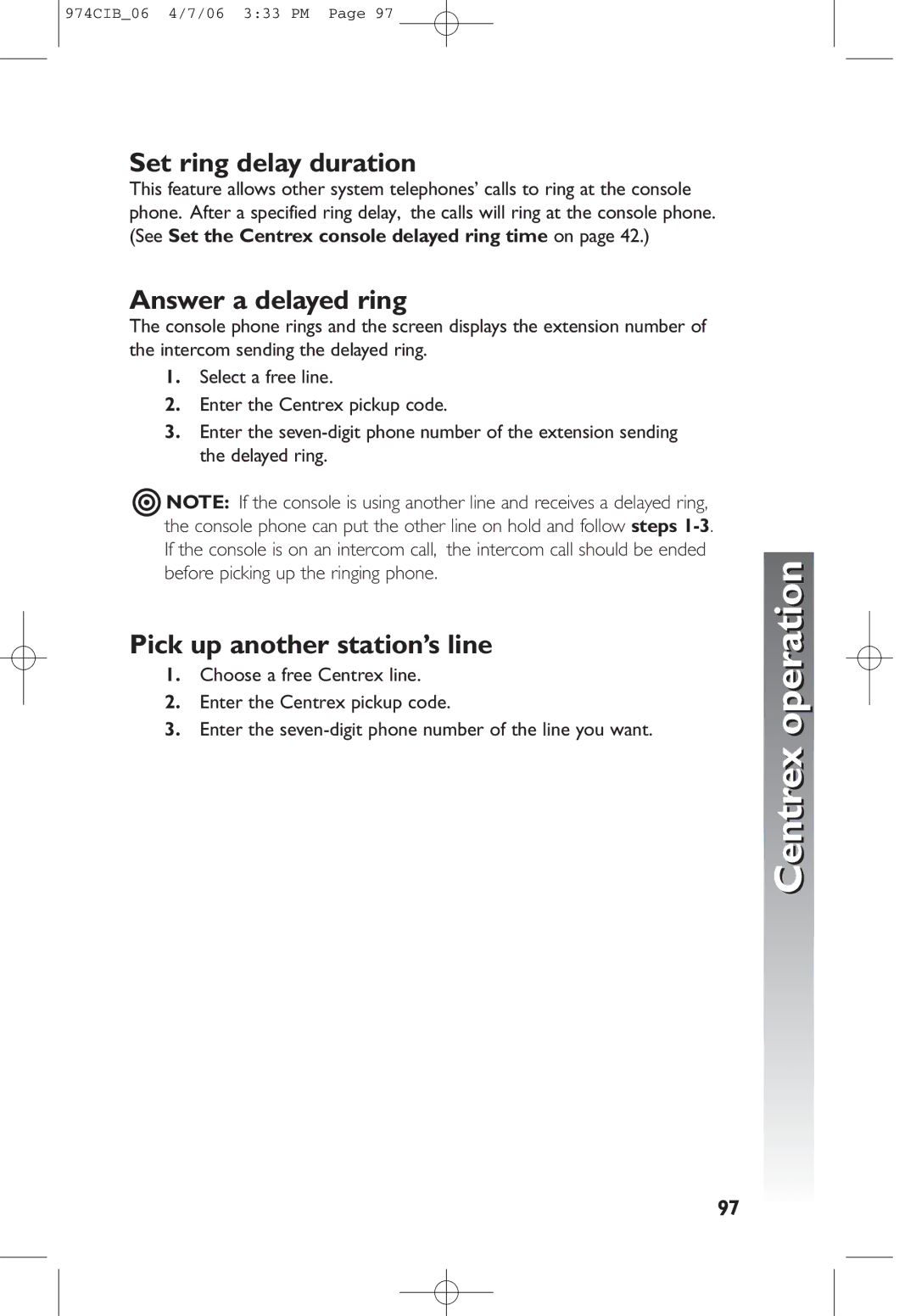 AT&T 974 user manual Set ring delay duration, Answer a delayed ring, Pick up another station’s line 