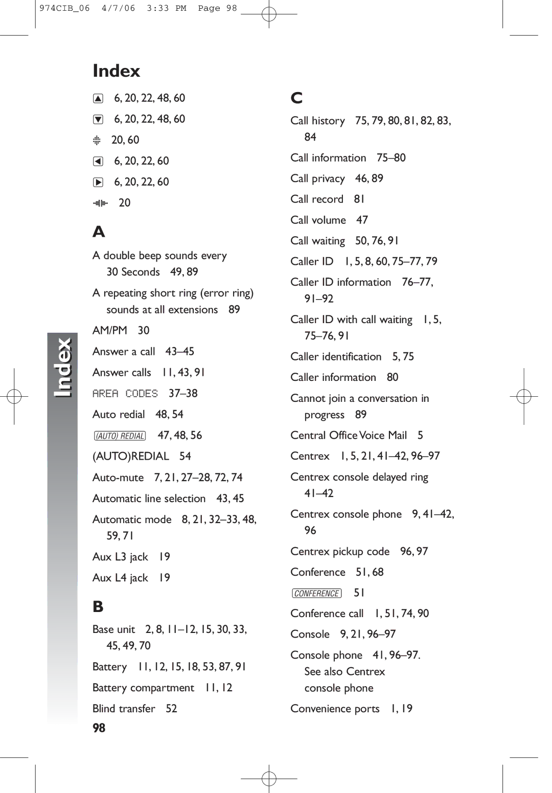 AT&T 974 user manual Index 