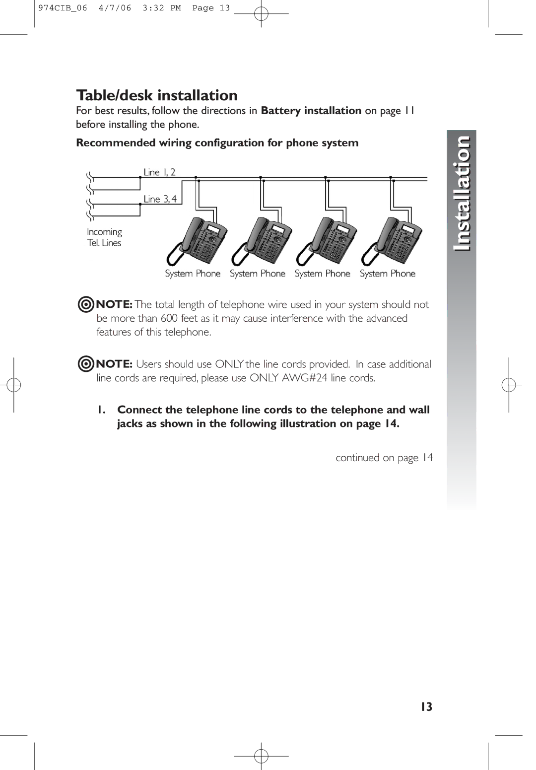 AT&T 974 user manual Table/desk installation, Recommended wiring configuration for phone system 