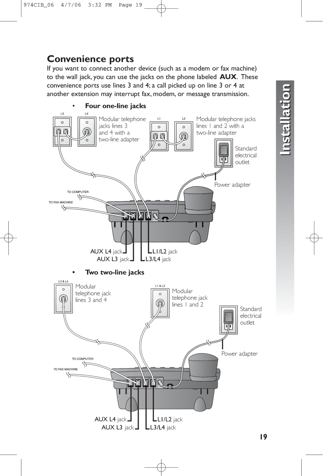 AT&T 974 user manual Convenience ports, Four one-line jacks 