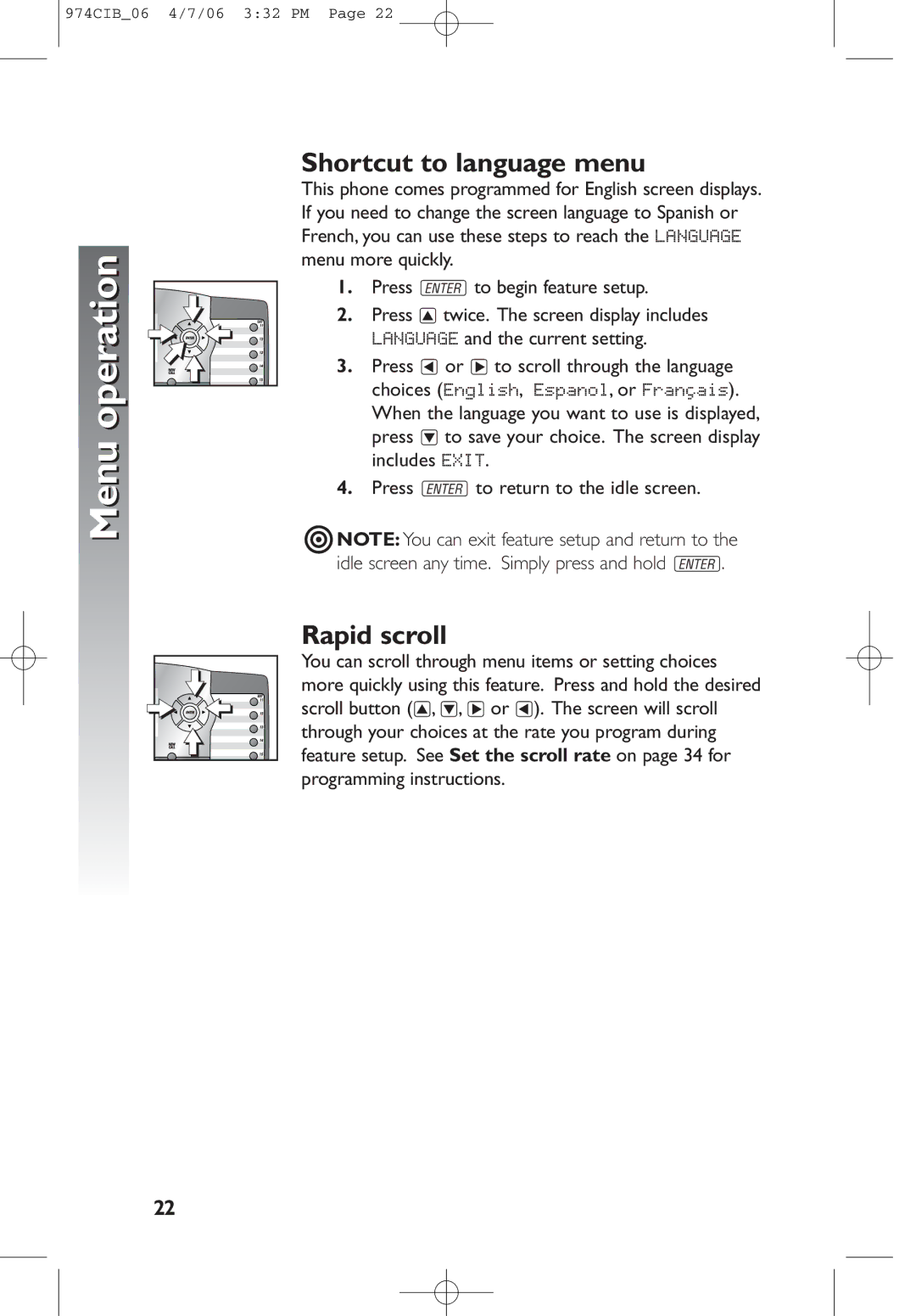 AT&T 974 user manual OperationMenu, Shortcut to language menu, Rapid scroll 