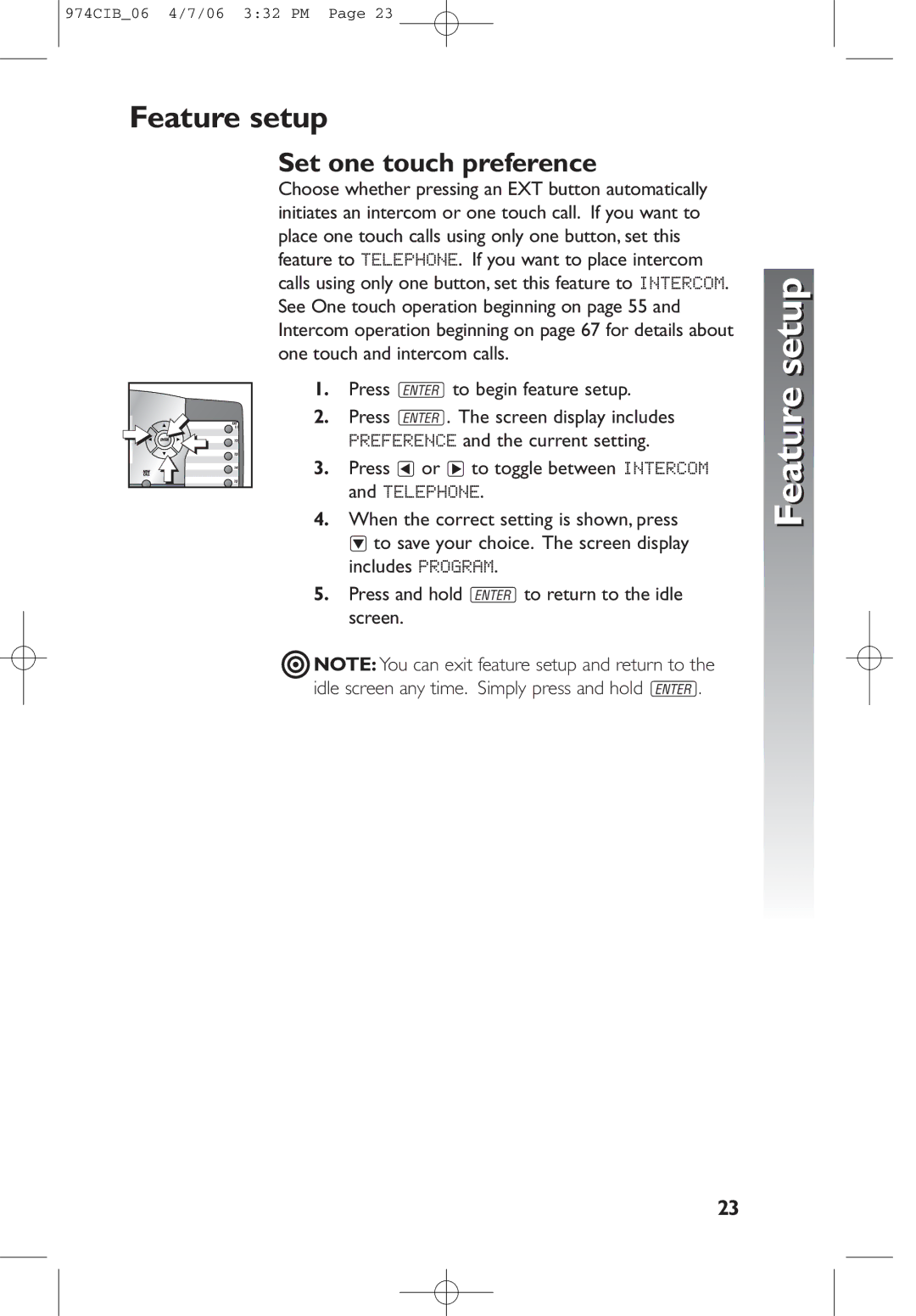 AT&T 974 user manual Feature setup, Set one touch preference 