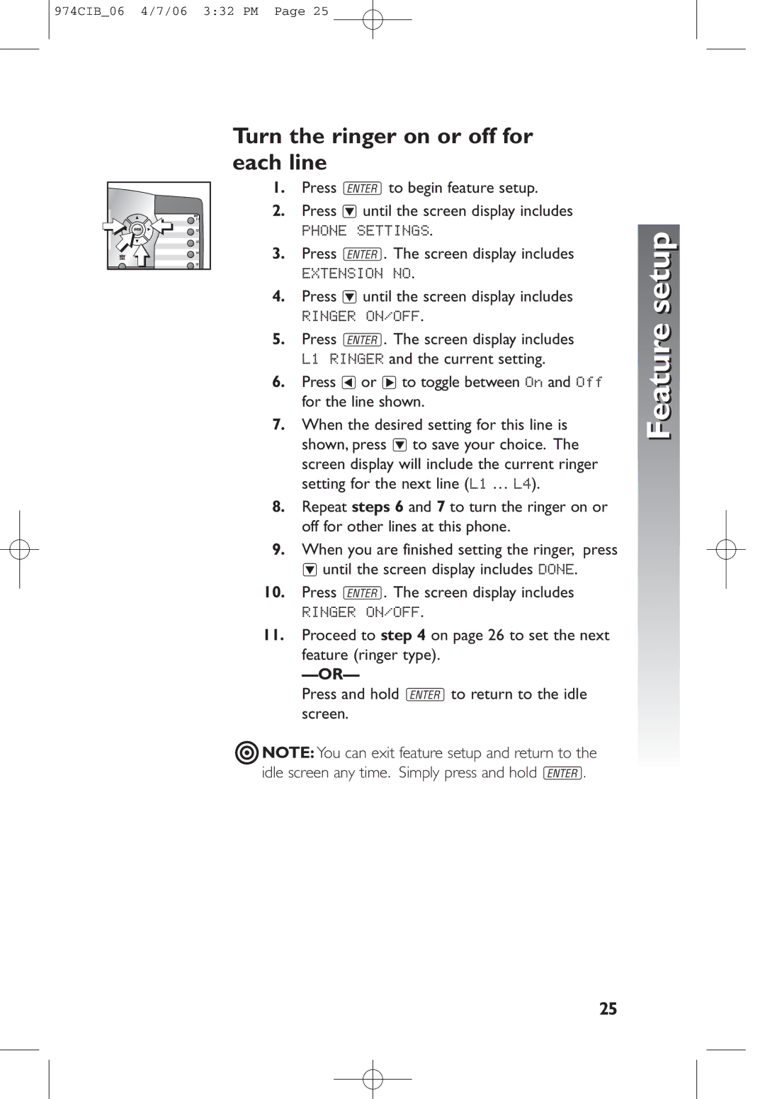 AT&T 974 user manual Turn the ringer on or off for each line, Press -until the screen display includes 