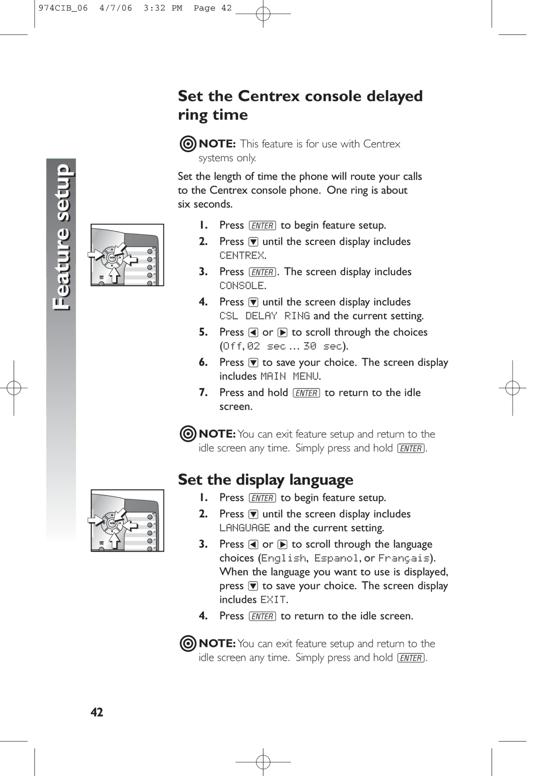 AT&T 974 user manual Set the Centrex console delayed ring time, Set the display language, Language and the current setting 