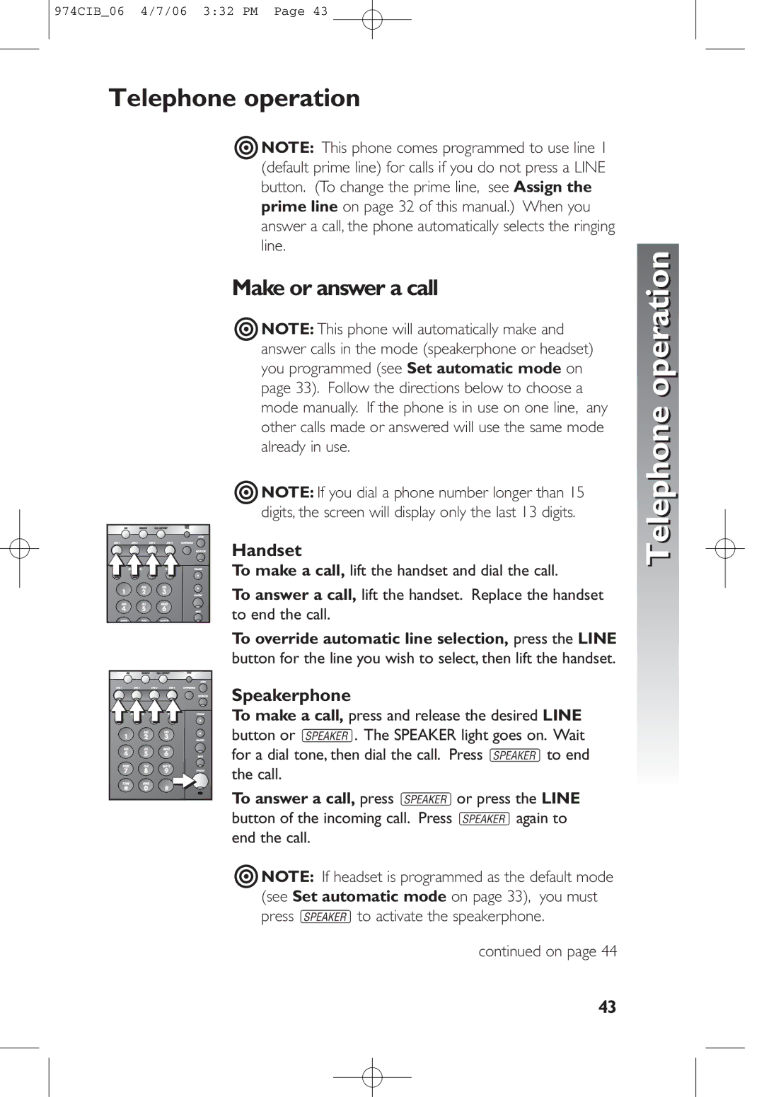 AT&T 974 user manual Telephone operation, Make or answer a call, Handset, Speakerphone 