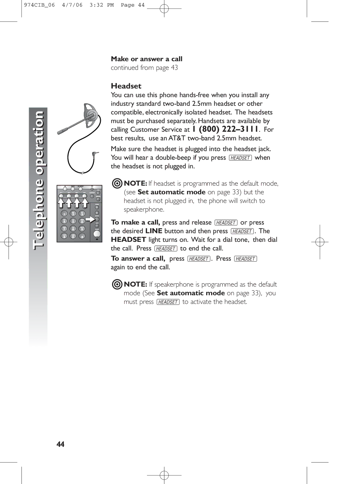 AT&T 974 user manual Operation, Headset, Make or answer a call 