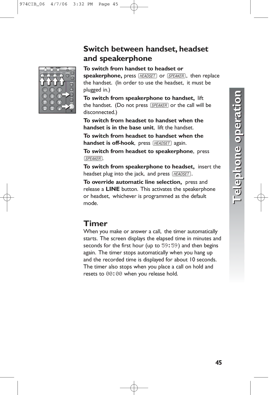 AT&T 974 user manual Switch between handset, headset, Speakerphone, Timer 