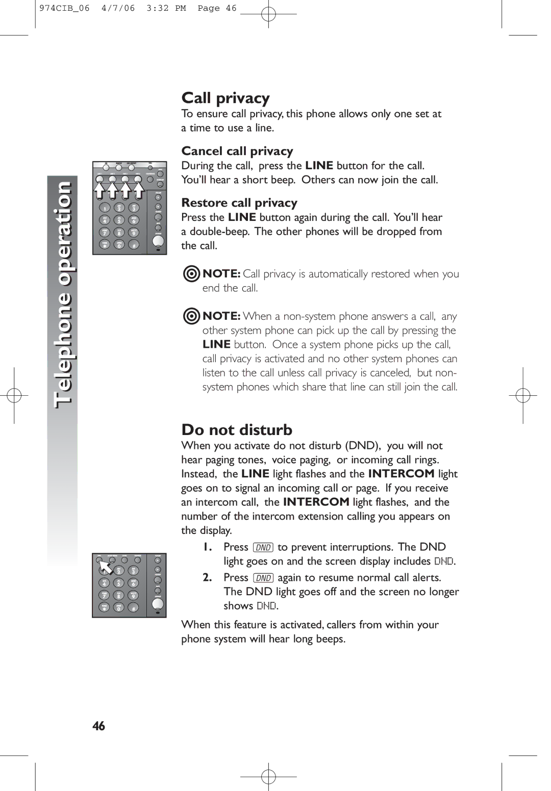 AT&T 974 user manual Call privacy, Do not disturb, Cancel call privacy, Restore call privacy 