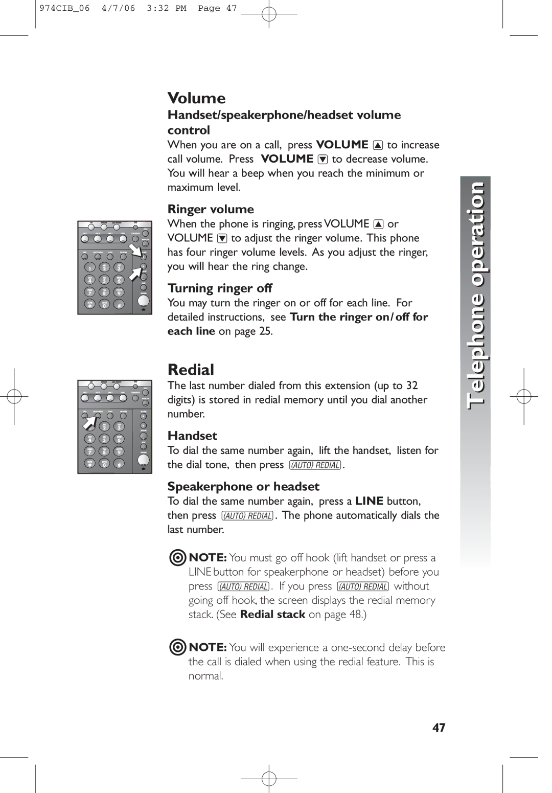 AT&T 974 user manual Volume, Redial 