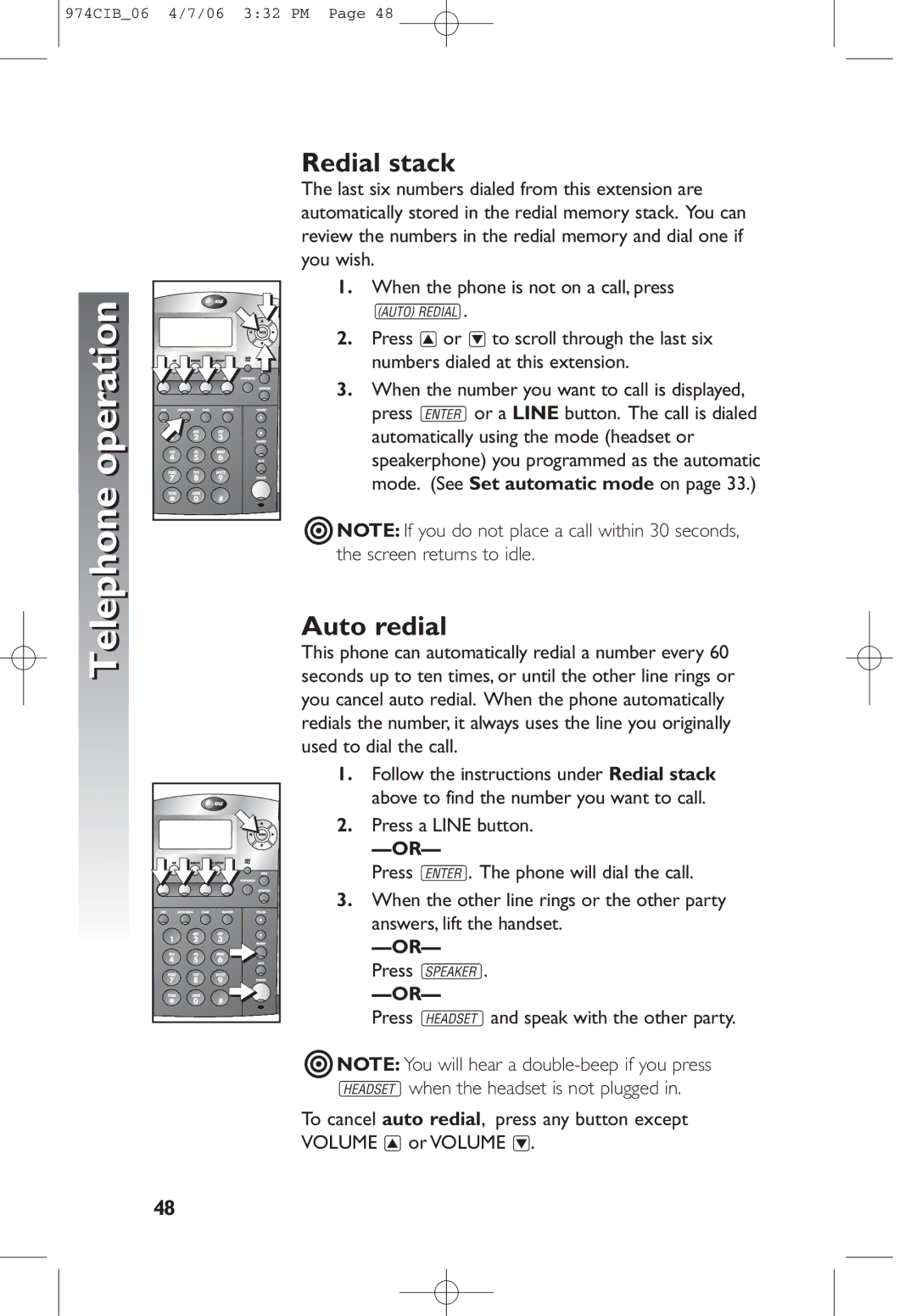 AT&T 974 user manual Redial stack, Auto redial, OR- Press K 