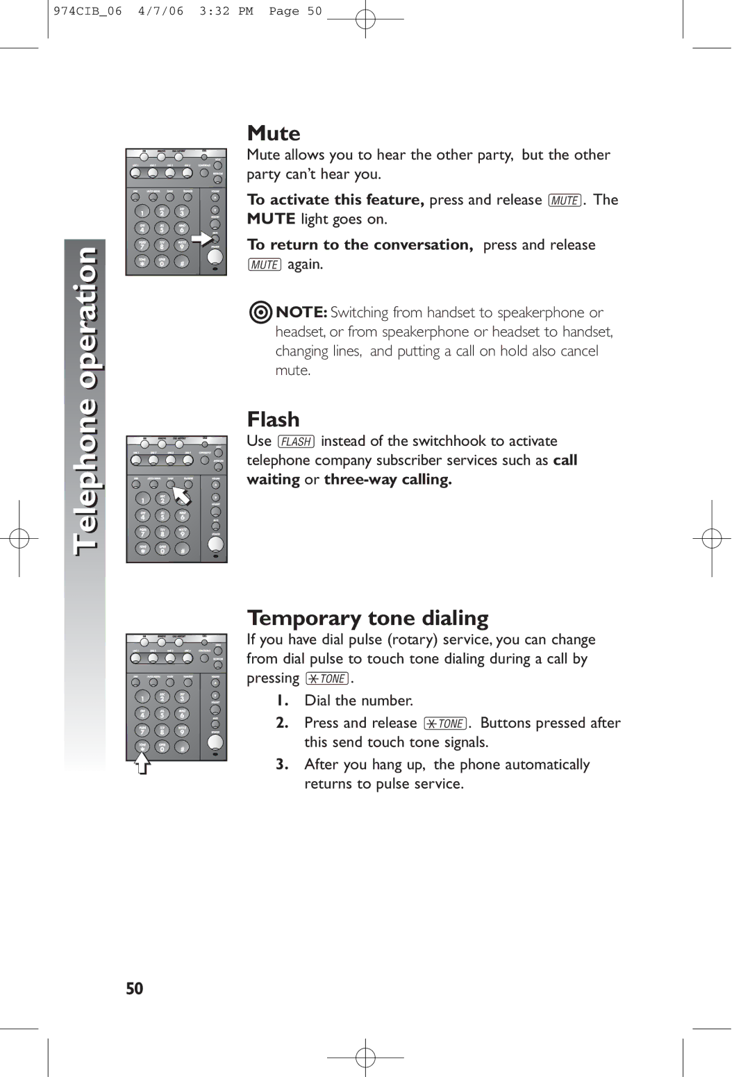 AT&T 974 user manual Mute, Flash, Temporary tone dialing 