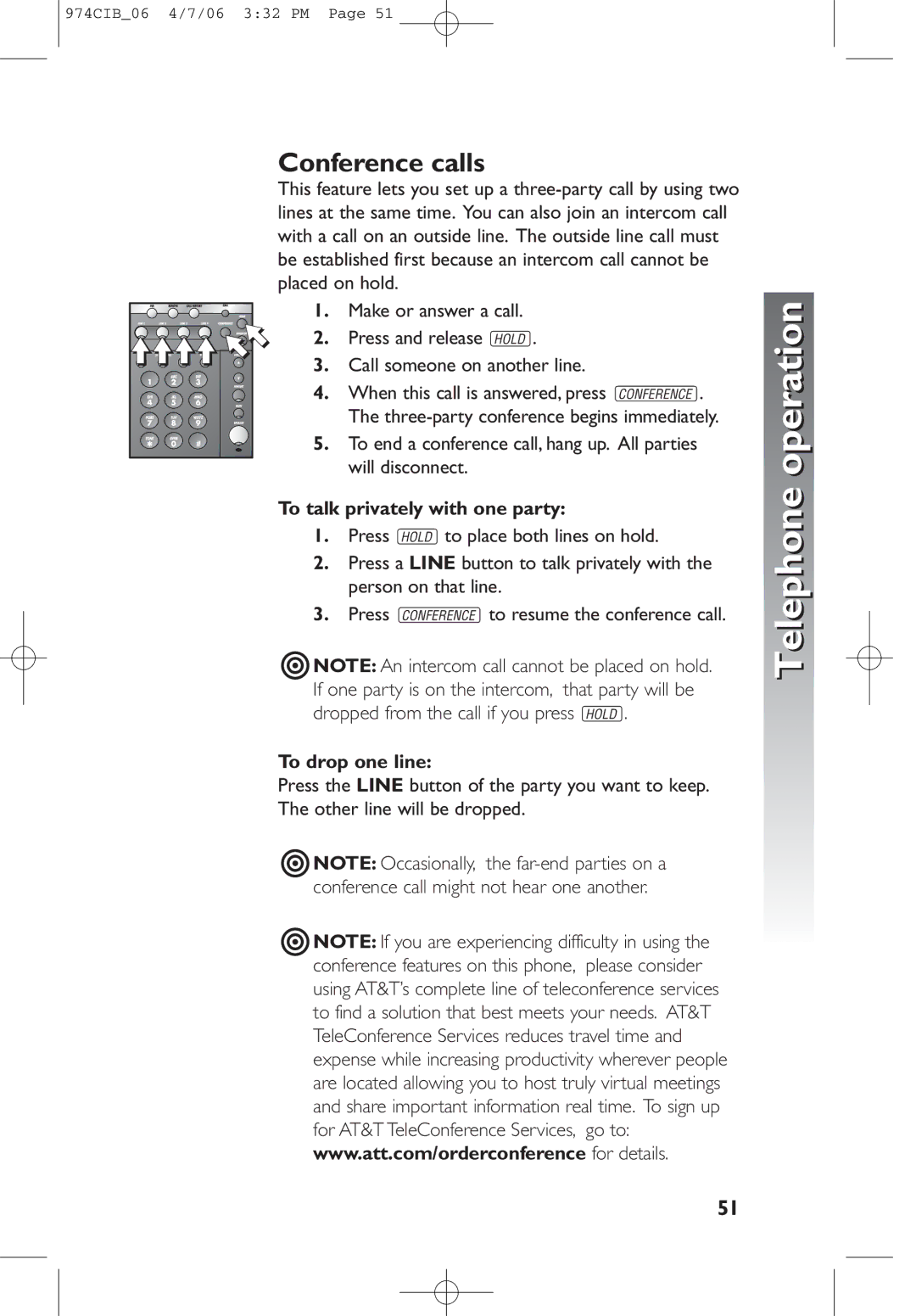 AT&T 974 user manual Conference calls, To talk privately with one party, To drop one line 