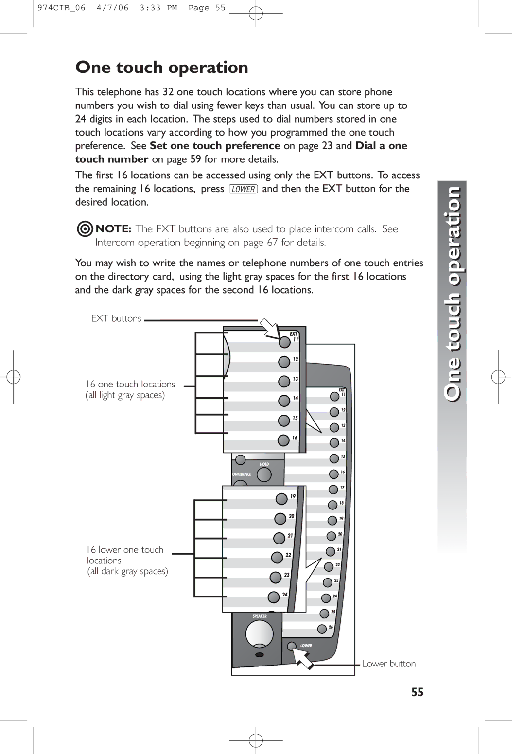 AT&T 974 user manual Operation, One touch operation 