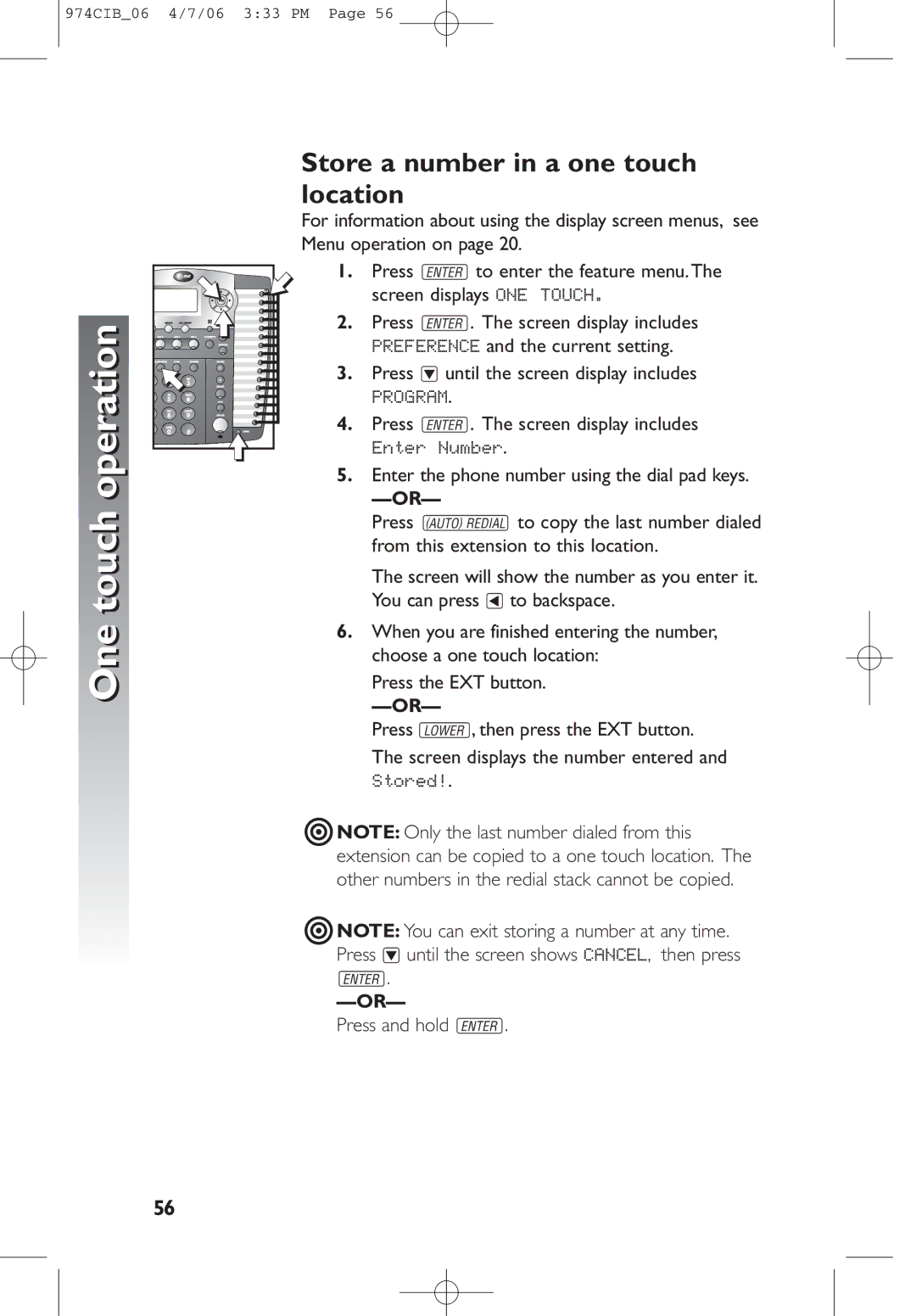 AT&T 974 user manual One touch operation, Store a number in a one touch location 