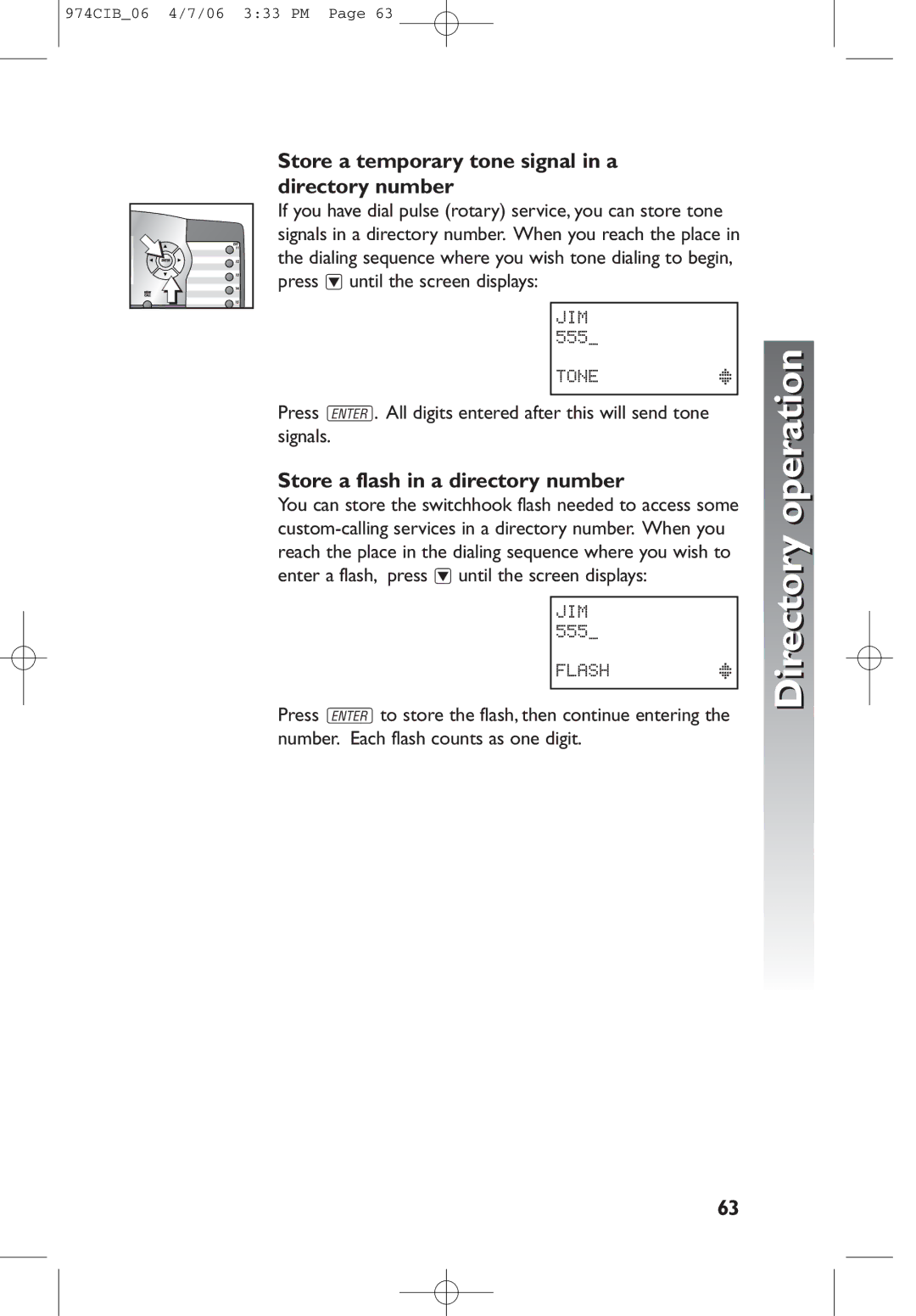 AT&T 974 user manual Store a temporary tone signal in a directory number, Store a flash in a directory number 