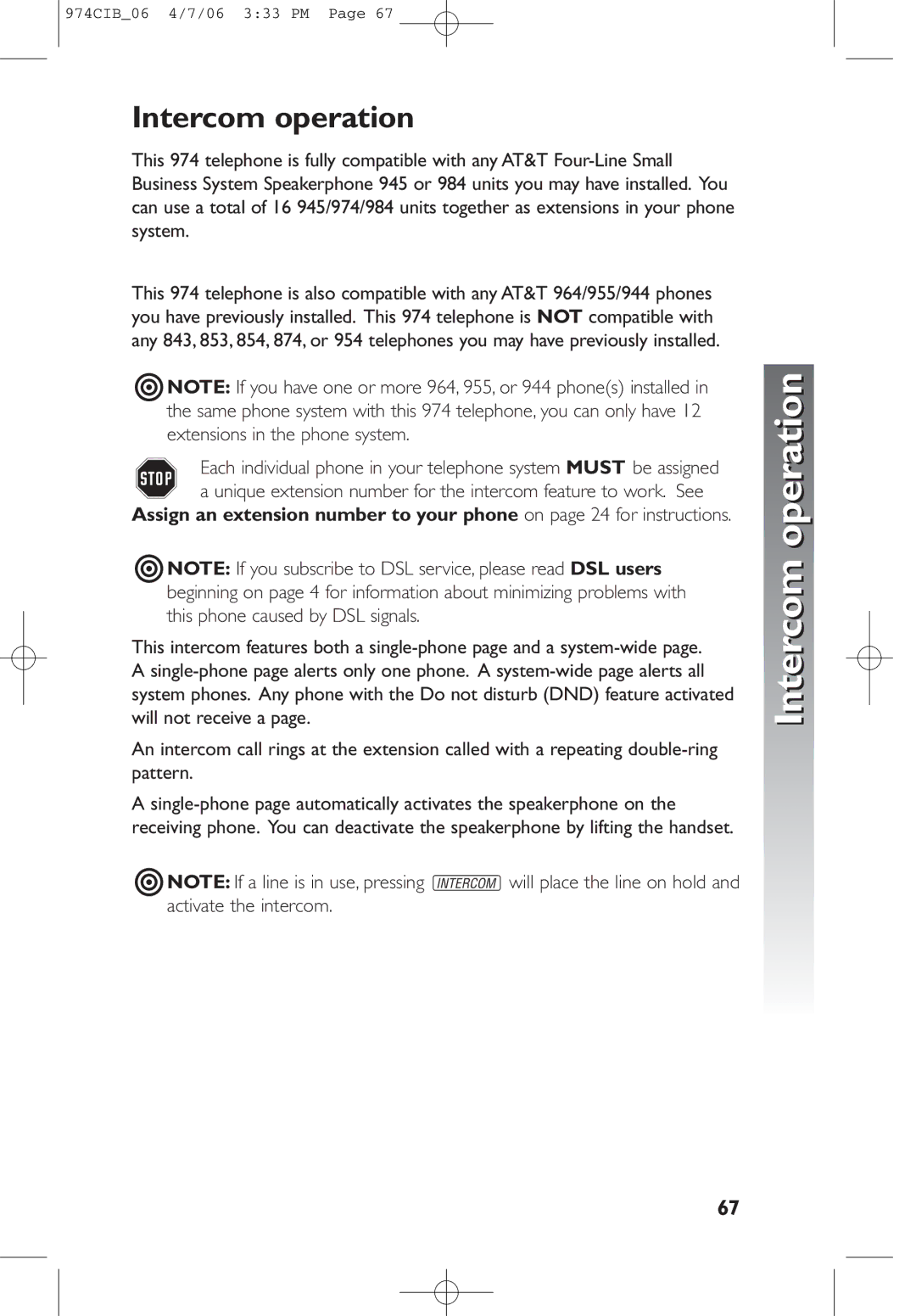 AT&T 974 user manual Intercom operation 