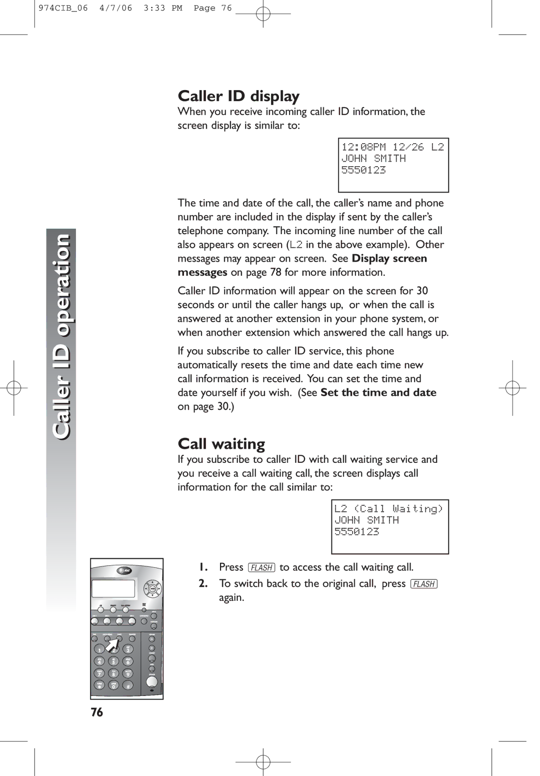 AT&T 974 user manual Caller ID display, Call waiting 